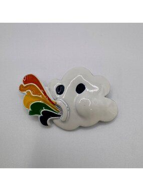 Vintage Cloud Rainbow Enamel Brooch Whimsical Figural Pin White Cute Kitschy